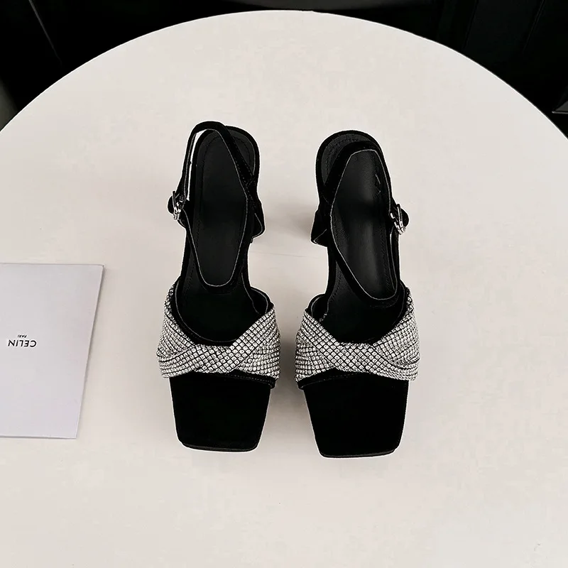 10.5Cm Platform Rhinestone Sandals Comfortable Thick-Heeled Matte Leather Women's Shoes Inner Height-Enhancing Black High Heels