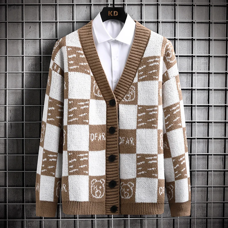 

New Winter 2023 Fashion Big Plaid Cashmere Cardigan Men Thick Warm Loose Mens Cardigans Jackets High Quality Male SweaterCoat