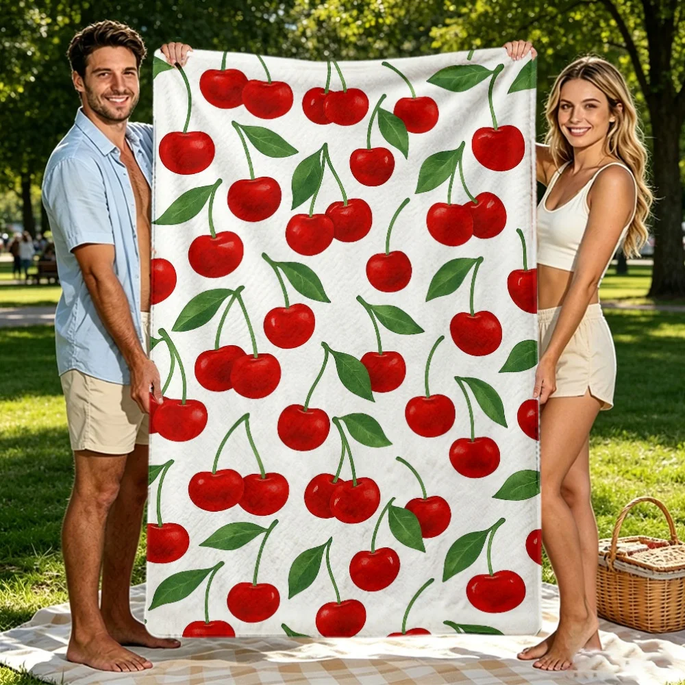Fresh Red Cherry with Leaf Repeating Printed Throw Blanket for Picnic Outdoor Leisure Casual Farm‑Style Home Ornament Carpet