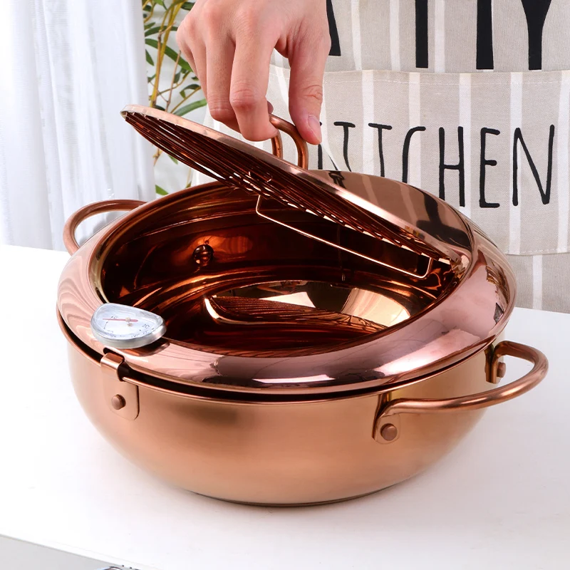 Deep Frying Pot With Thermometer Stainless Steel Kitchen Tempura Chicken Fryer Pan With Basket And Lid Nonstick Fries Fryer Pan