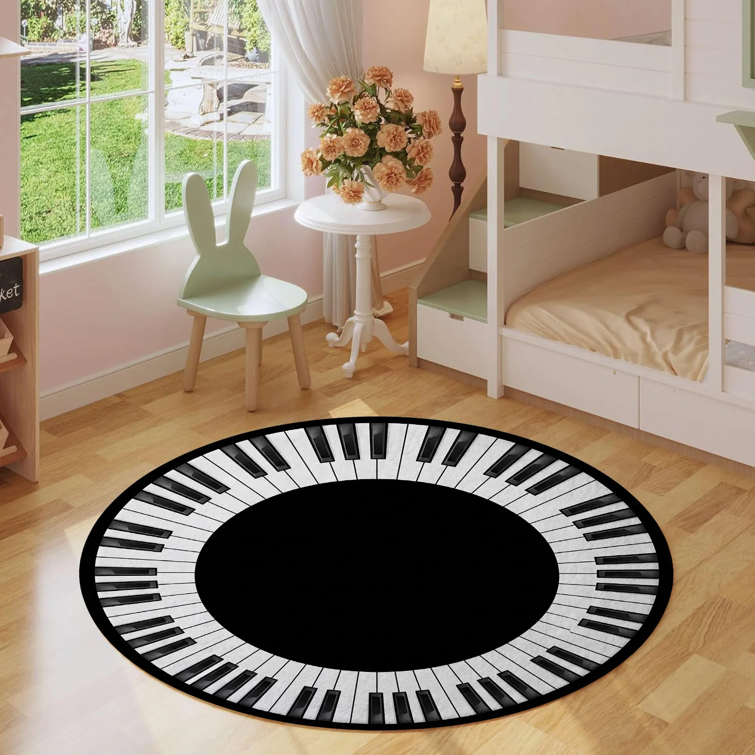 Piano Keys Musical Notes Classic Black White Instrument Border Pattern Round Mat Area Rug Home Decor