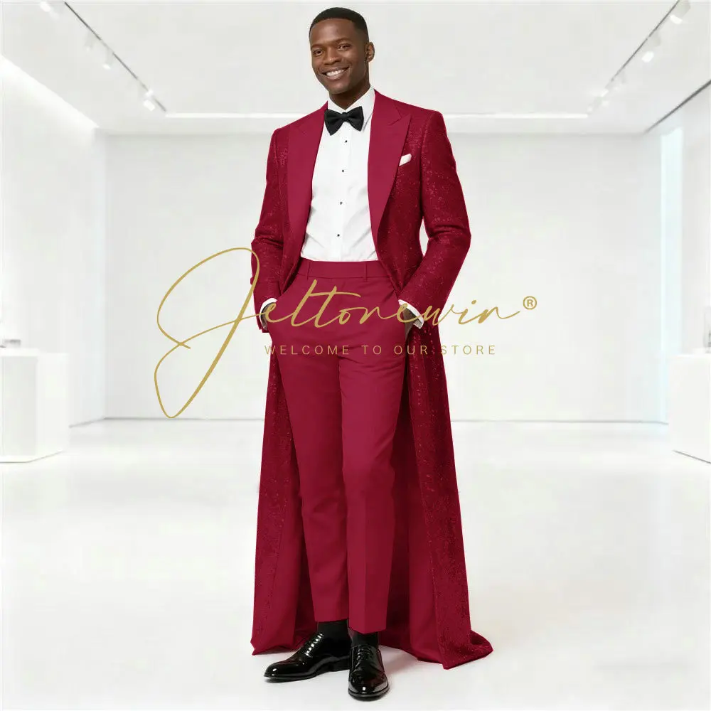 Sparkly Burgundy Sequins Men Suits Business Groom Tuxedos 2 Pieces Sets Male Long Coat Blazer Customized Wedding Costume Homme