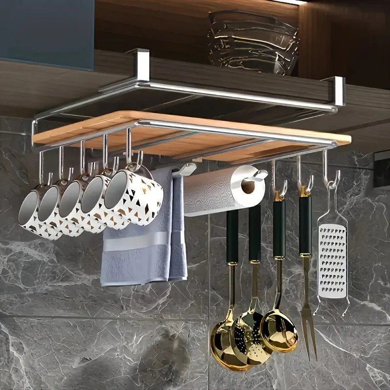 

Stainless Steel Hanging Kitchen Storage Rack with Hooks, Paper Towel & Utensil Holder, Cutting Board Shelf for Cabinet Door