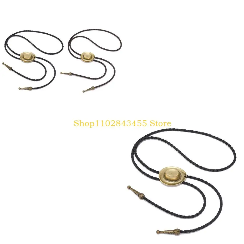 49MC Vintage Metal 3D Cowboy Hat Bolo Tie Western Punk Faux Leather Braided Rope Necktie Jewelry Shirt Chain Necklace for Men
