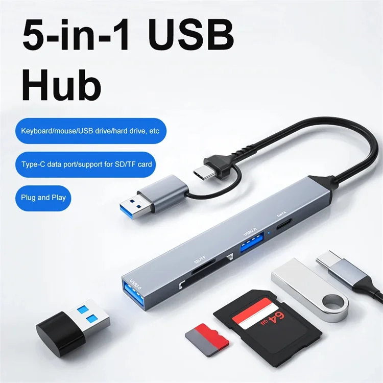 5‑in‑2 USB HUB Type C Multiport Hub 3.0 Type‑C 5 Port Multi Splitter Adapter OTG SD TF Card Reader for Laptops