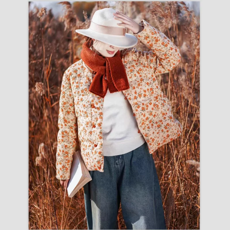 

Thickened Corduroy Print down Cotton Jacket Women Short Style Winter New Flower Pattern Buttoned Cotton Coat Warmth Fashion