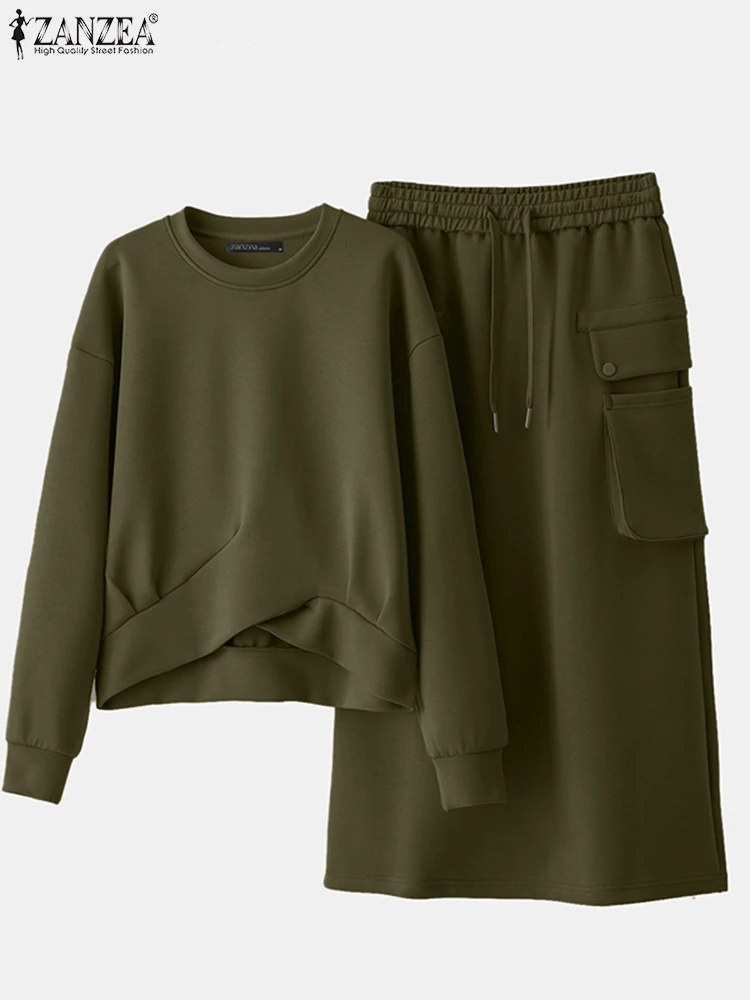 ZANZEA Daily Wear Elastic Waist Skirt Dress Sets Casual Spring Loose Solid Skirt Suits Women Knotted Hem Sweatshirt 2pcs Outfits