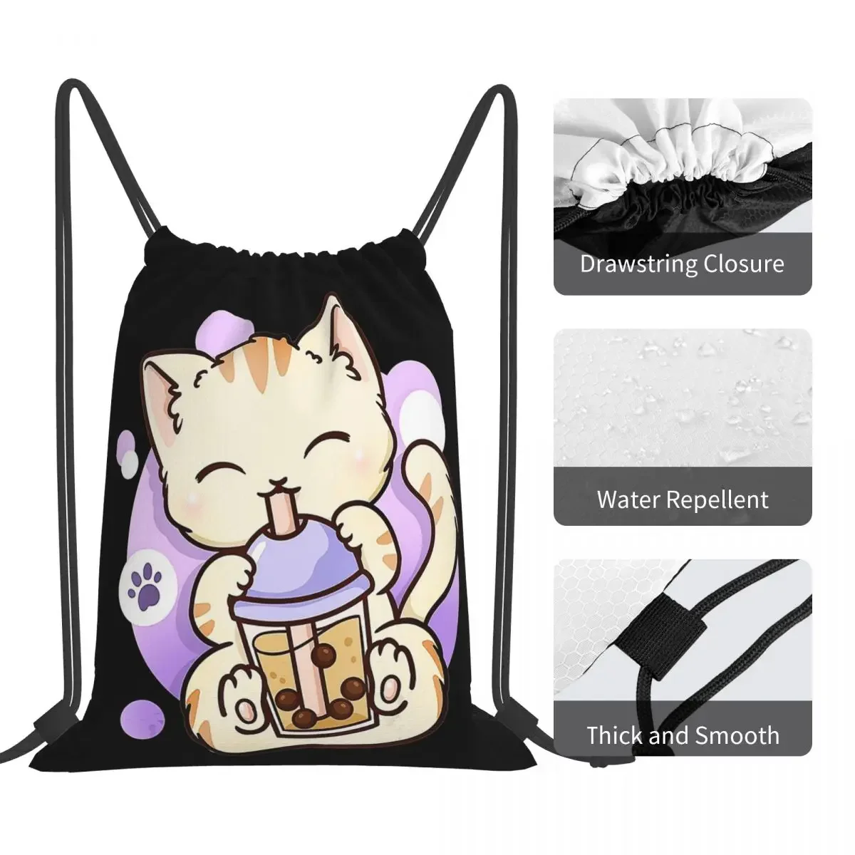 Cat Boba Tea Bubble Tea Anime mochilas Kawaii japonesas para niñas adolescentes, bolsas con cordón, paquete de bolsillo, bolsa de libros deportiva