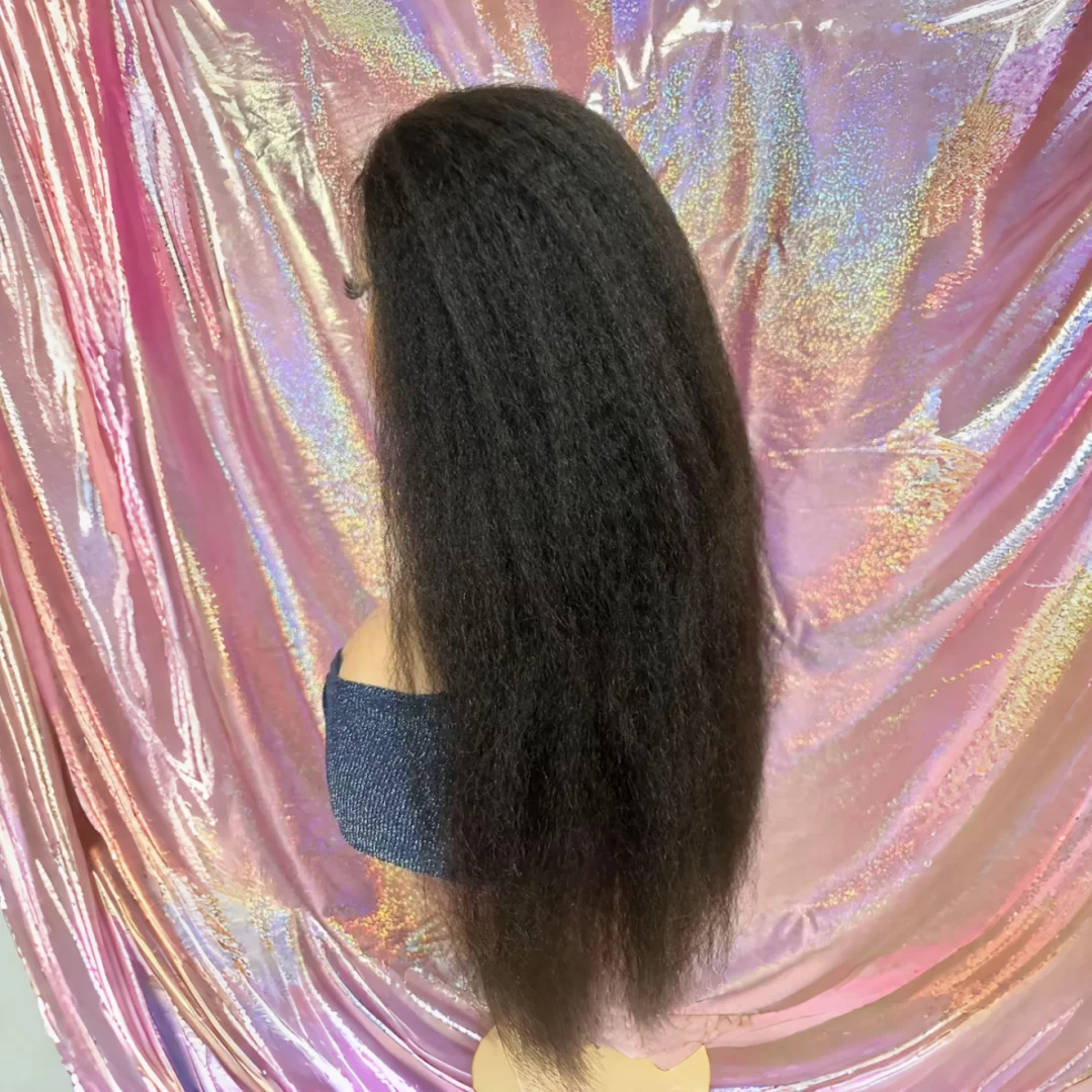 Black 28Inch Long Glueless Kinky Straight Yaki Soft Lace Front Wig For Women With Baby Hair Preplucked Daily