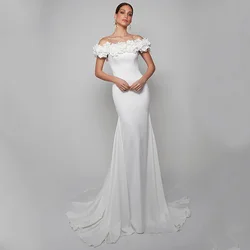 White Boat Neck Handmade Flower Wedding Dress Mermaid Elegant Floor Length Brush Trail Bride Marriage Romantic Gowns Customized