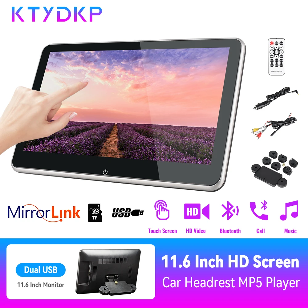 KTYDKP 11.6 بوصة سيارة مسند الرأس رصد مشغل MP5 مرآة ربط HD 1080P فيديو شاشة تعمل باللمس مع USB/SD/BT مشغل وسائط متعددة