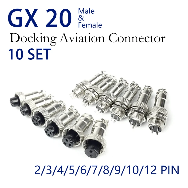 

10Set GX20 Docking 2/3/4/5/6/7/8/9/10/12 Pin Male&Female Circular Panel Aviation Connector Butt Joint Plug Socket