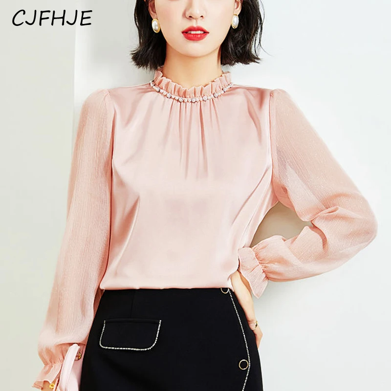 

CJFHJE Spring New Ruffles Collar Beading Shirt Female Elegant Fashion Long Sleeve Chiffon Bouse Women's Temperament Pullover Top