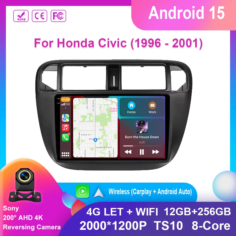 Android 15 Carplay Auto For Honda Civic 1996 1997 1998 1999 2000 2001 Multimedia Car Radio Player 4G Stereo 2 Din Tape Recorder