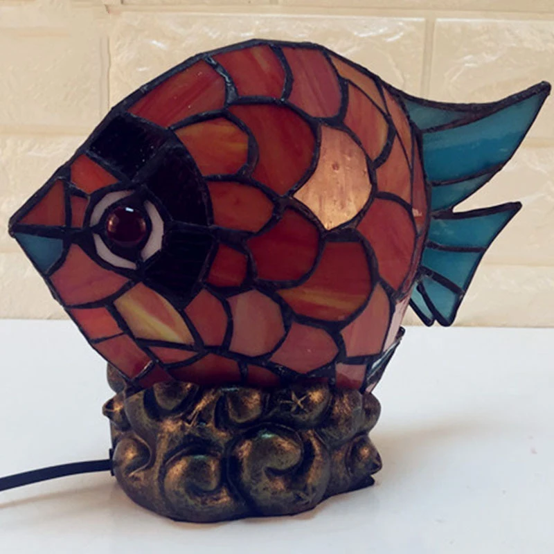 BERTH Tiffany Glass Table Lamp LED Creative Novelty Red Small Fish Desk Light For Home Study Bedroom Bedside Decor