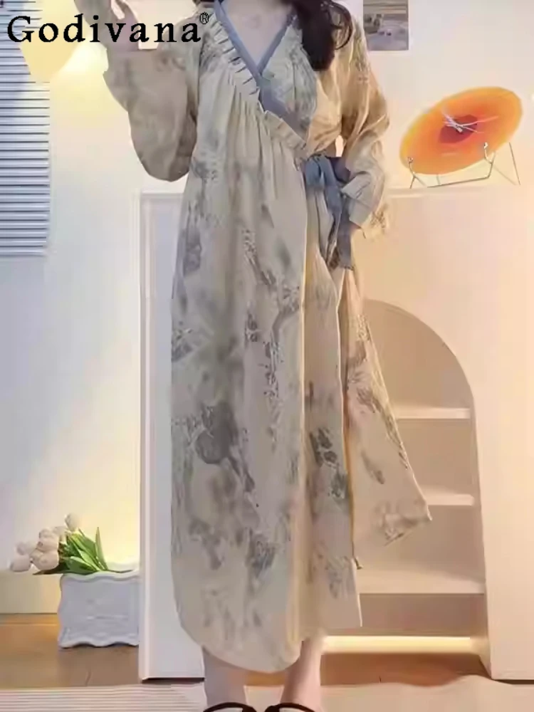 

Женская весенне-осенняя милая японская ночная рубашка с длинными рукавами и принтом тай-дай, свободная элегантная ночная рубашка на шнуровке с v-образным вырезом, удобная одежда для дома