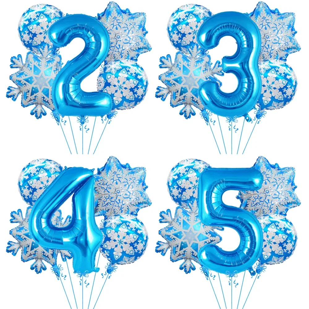 5Pcs Snowflake Number Foil Balloons Set, Blue Frozen Themed 32 Inch Number Balloon for Baby Birthday Winter Party Decor
