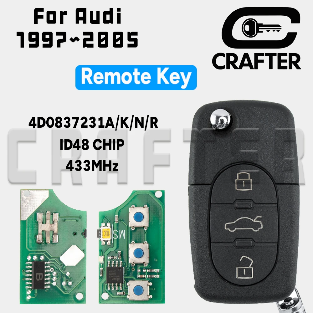 

Ключ Crafters Автомобильный дистанционный ключ 4D0837231A ID48 ЧИП 433 МГц для Audi A4 S4 A6 A8 TT 1997~2005 4D0837231K 4D0837231N 4D0837231R