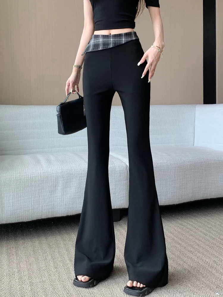 Grid patchwork micro flared pants women in autumn lace up design high waist slim fit and floor hugging horseshoe pants