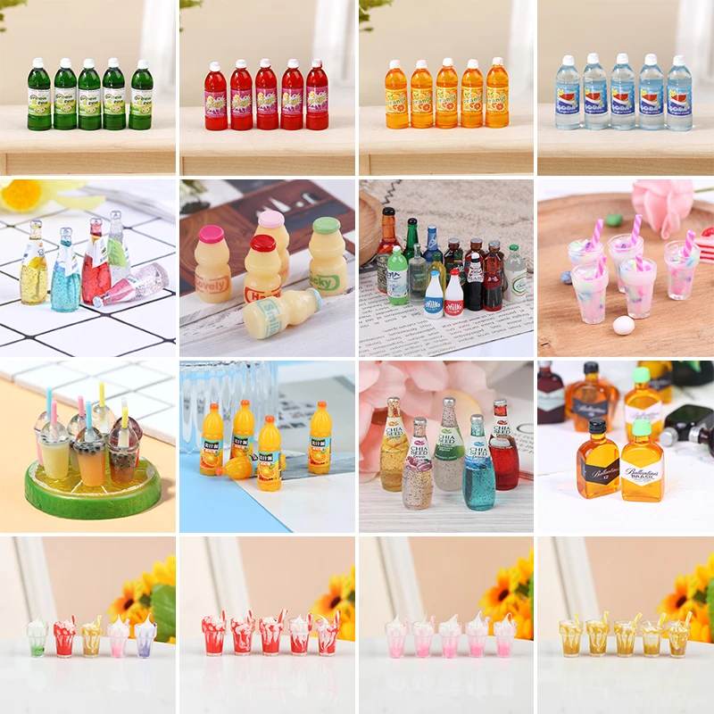 5pcs Miniature Dollhouse Cute Resin Milkshake Juice Candy Sugar ice Cream Pretend Play Food for Pretend Play Kitchen Decor Toys