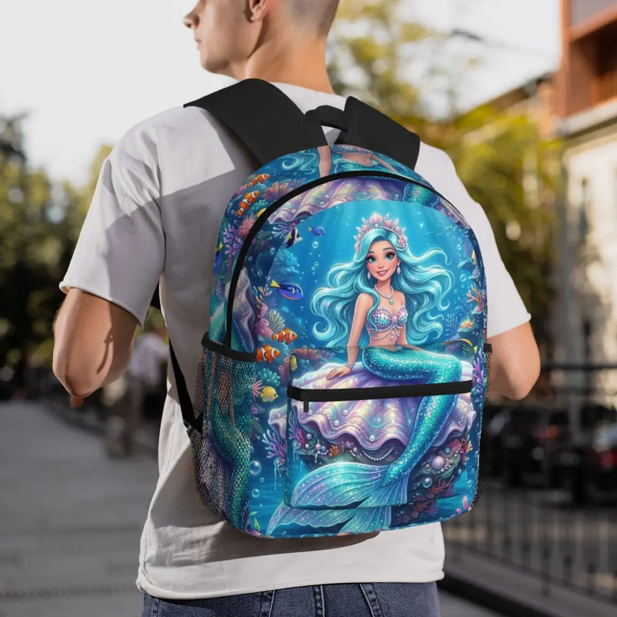Cartoon Mermaid Dolphin Print Backpack Student BookBag Children School Bag Laptop Shoulder Bags for Men Women