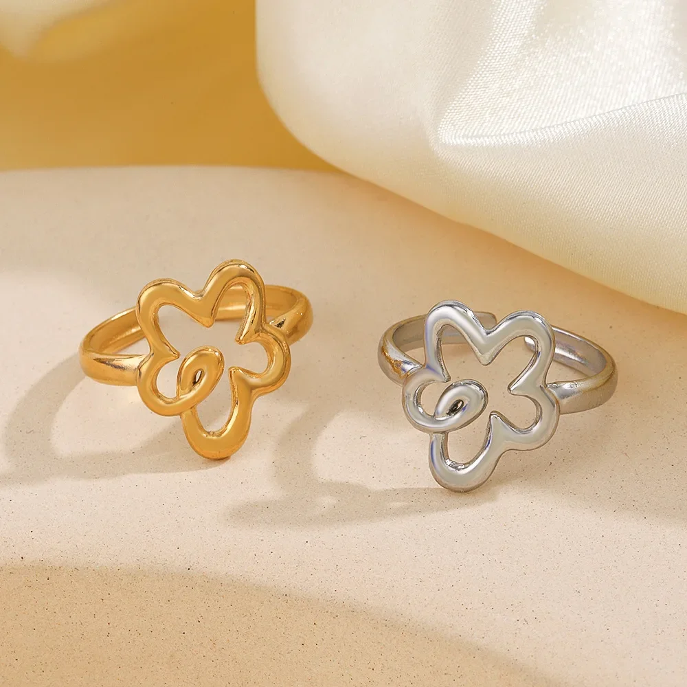 Cute Hollow Flowers Stainless Steel Adjustable Rings for Women Gold Color Korean Trend Open Rings Wedding Jewelry Gifts New In