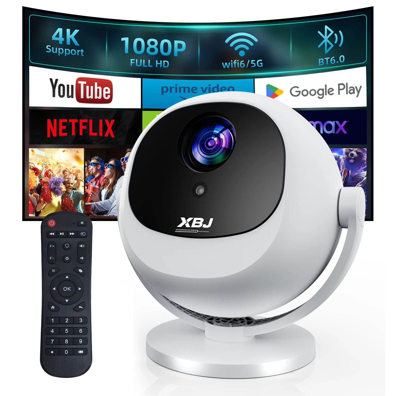 Upgraded Mini Projector, 1280x720P HD , 300 ANSI LED Portable Projector with Bluetooth 6.0, Auto Keystone HDMI USB Home theater