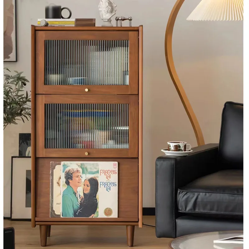 

Nordic solid wood bookcase Living room medieval magazine storage cabinet Japanese simple retro glass TV side cabinet locker