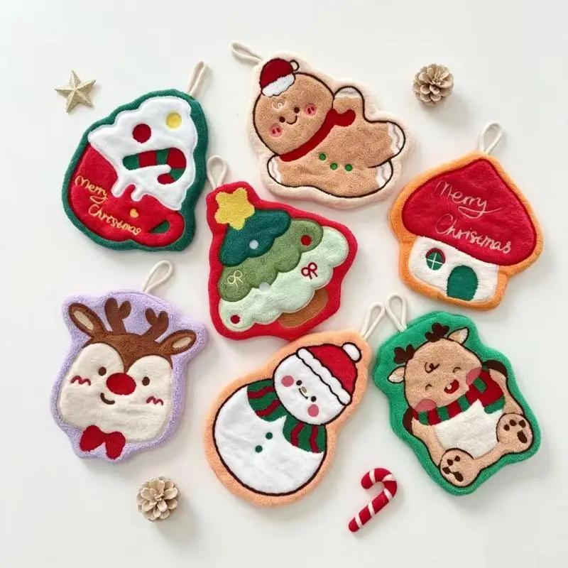 Water Absorption Christmas Hand Towels Quick-drying Coral Fleece Christmas Tree Handkerchiefs Cleaning Hanging