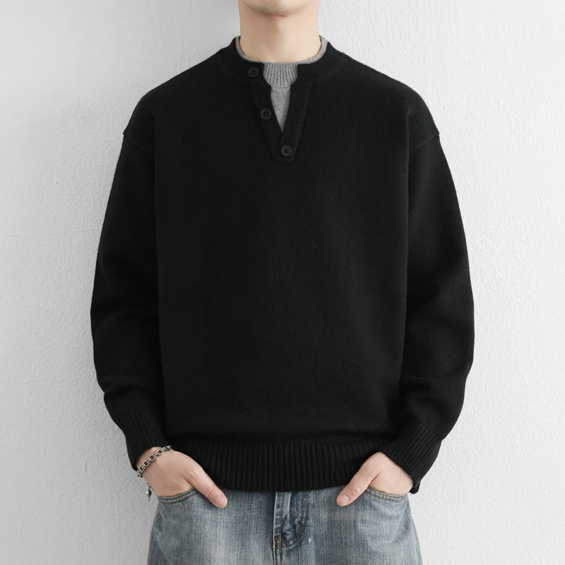 

Мужской утепленный вязаный свитер с эффектом двухслойности, свободного кроя, простой дизайн, осень-зима, высококачественный модный бренд, V-образный вырез