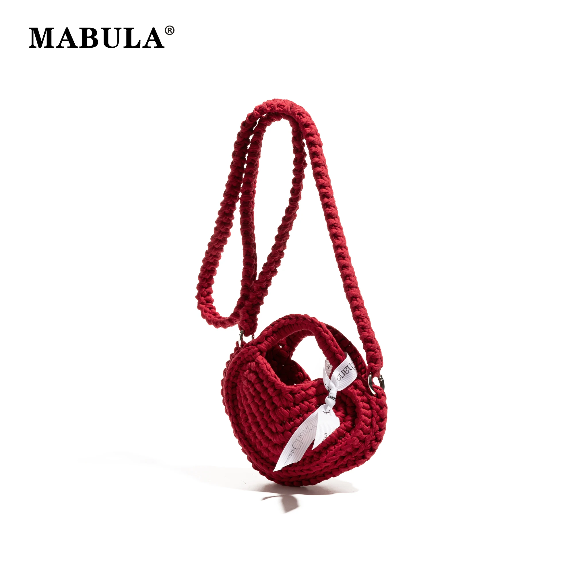 MABULA Women's Fabric Strip Crochet Heart Crossbody Mobile Phone Bag Purse Solid Color Casual Mesh Bag for Party Vacation