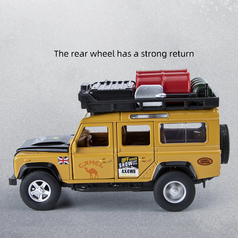1:32 Land Rover Defender 110 CAMEL TROPHY Legering Model Auto Geluid en Licht Trek kinderen Speelgoed Collectibles verjaardagscadeau