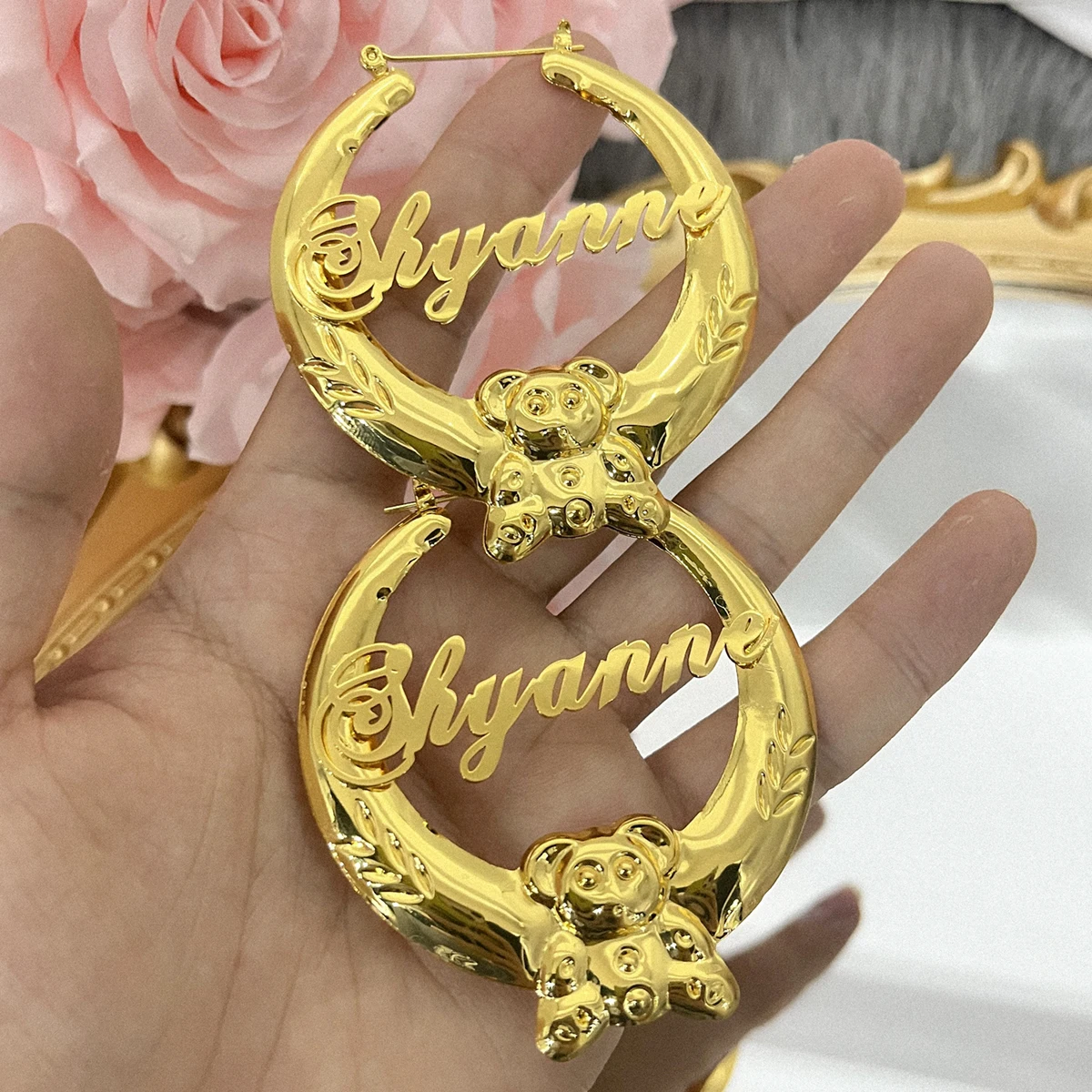 Stainless Steel Name Hoops Customized Name Bamboo Earring Cute Bear Letter Bamboo Earrings Women Custom Jewelry 2022 New Earring