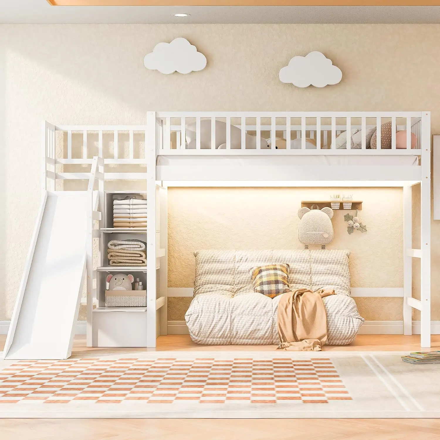 Twin Size Loft Bed with Slide & Stairs, Kids Solid Wood Loft Bed with LED Lights, High Loft Bed Frame with Under, Customized