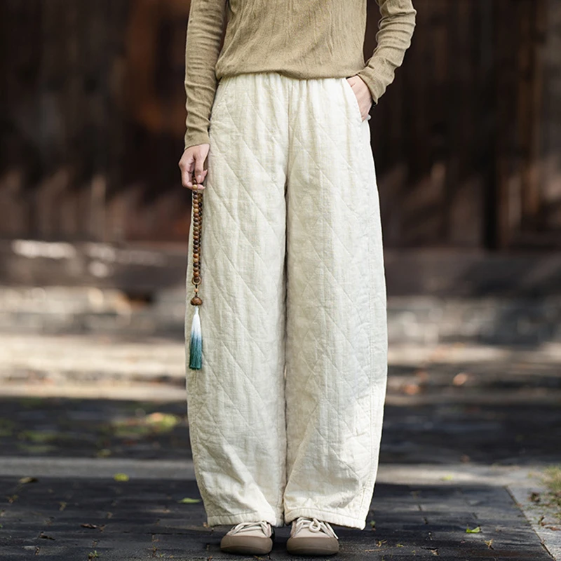 Chinese Zen Style Quilted Cotton Linen Harem Pants Women 2026 Winter Warm Elastic Waist Loose Wide Leg Baggy Trousers M3041
