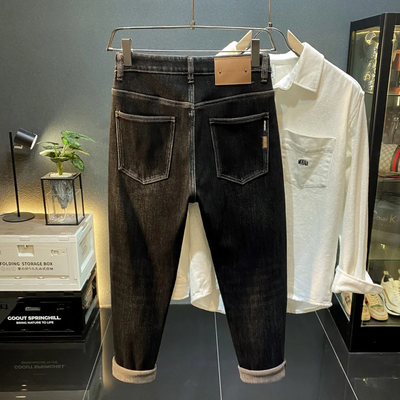 

Высококачественные фланелевые утолщенные мягкие и теплые мужские джинсы, новые зимние модные брендовые облегающие брюки с маленькими штанинами