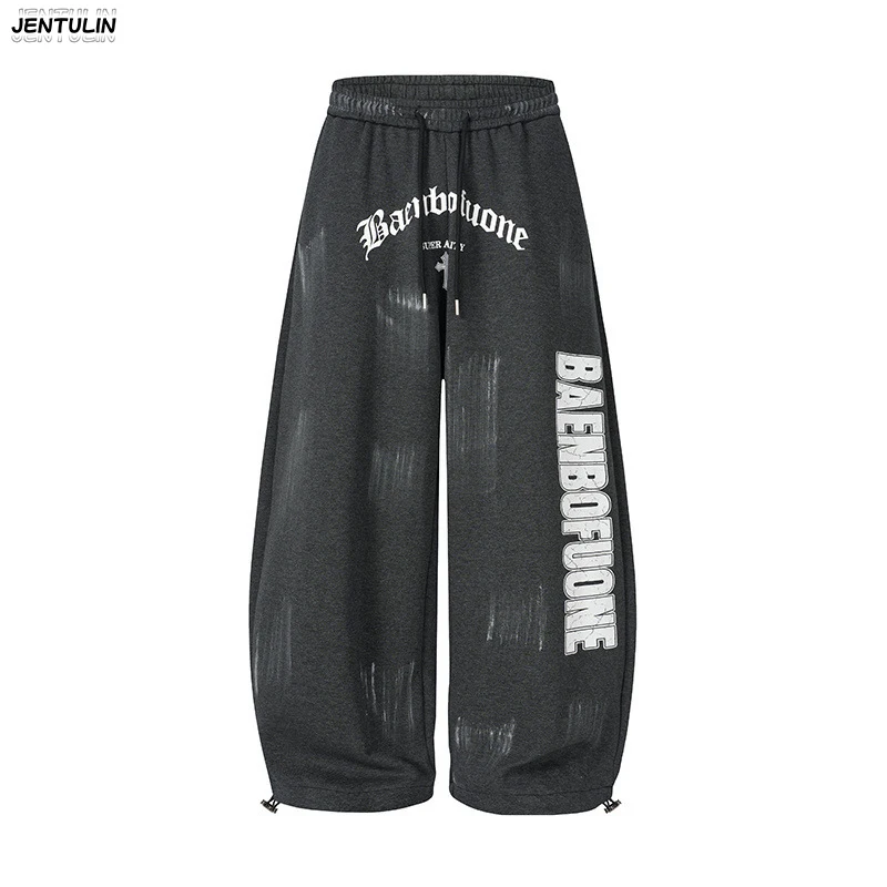 Street Painted Vintage Sweatpants Trendy Brand With Cracked Prints Loose Wide Legs Ankle Tied Sports Pants Men's Clothing Y2k