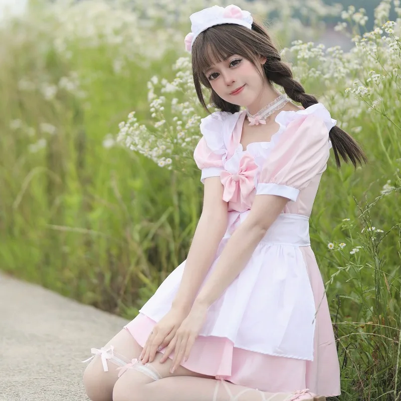 Cute Pink White Lolita Maid Outfit with Cat Ear Headband Short Sleeve Ruffle Apron Dress Anime Cosplay Costume view 2
