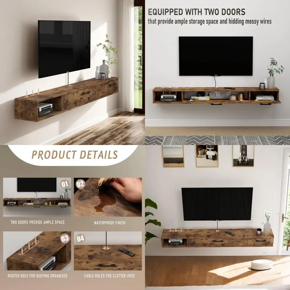 Rustic Wall-Mounted TV Stand with Floating Shelves and Doors, 47 Under-TV Storage