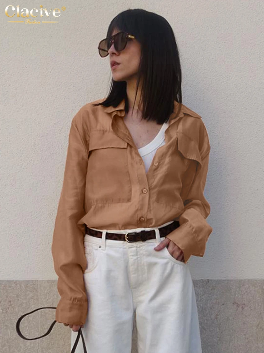 

Clacive Fashion Loose Orange Women's Shirt 2025 Casual Lapel Long Sleeve Blouse Elegant Classic Solid Tops Female Clothing
