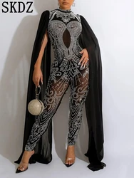 Sparkling Diamond Mesh Perspective Jumpsuit Slim Fit One Piece Pants New Sexy Sleeveless Shawl Design Banquet Women's Dress