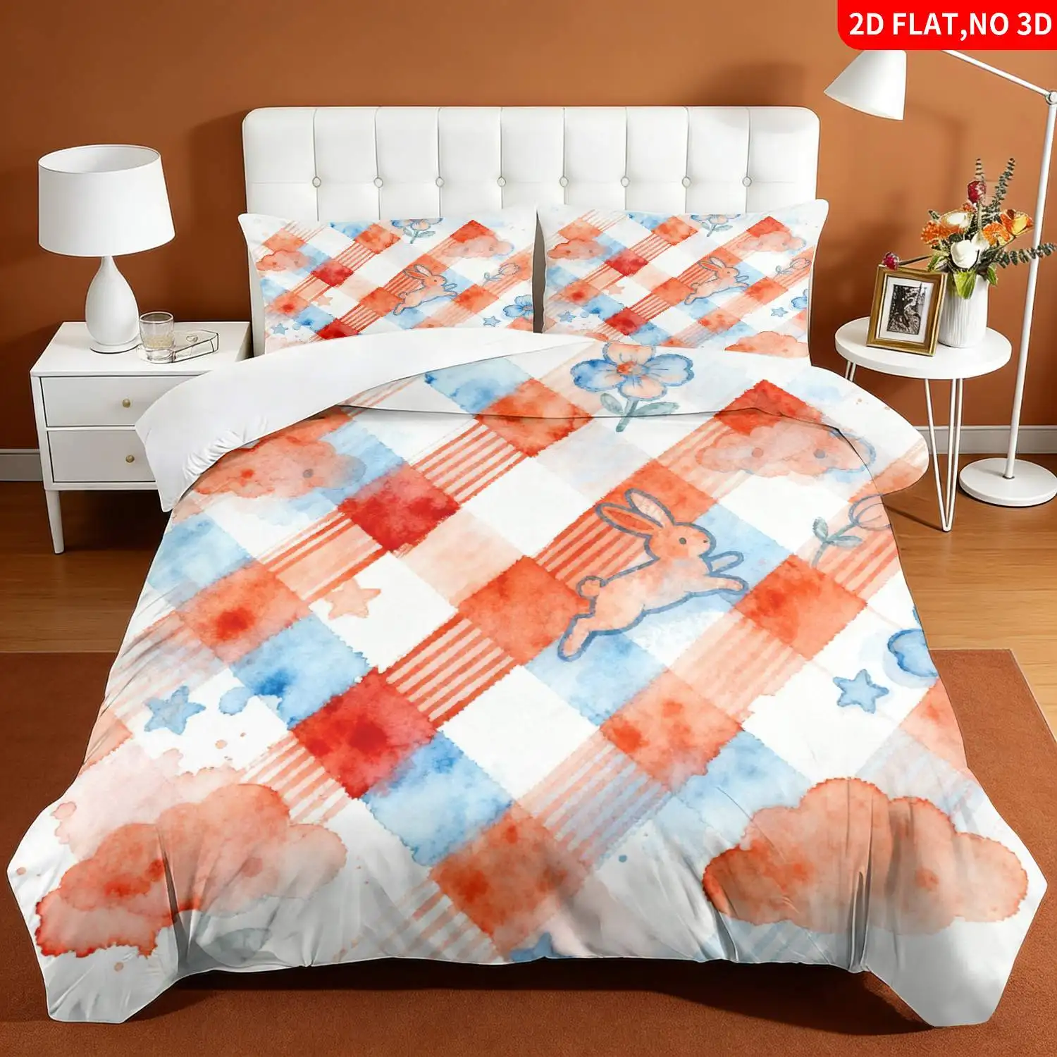 Zippered Duvet Cover Set, Flat Print Duvet Cover Three-Piece Set, Easter-Themed Duvet Cover Bedding, Orange Blue White Watercolor Rabbit Flower Cloud Star Plaid Bed Three-Piece Set (1*Duvet Cover + 2*Pillowcases), Suitable for All Seasons, Machine Washable, Invisible Zipper Design, Large Double Bed Cover Set, Suitable for Home, Dormitory, Master Bedroom, Guest Room, Bedroom Decoration Bedding, Hot-Selling Fantasy Style Duvet Cover Three-Piece Set