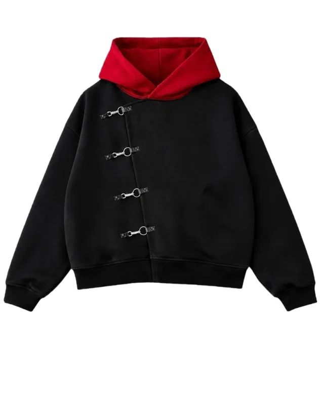 Y2K Unisex Contrast Red Hood Black Hoodie Diagonal Metal O‑Ring Buckle Strap Decor Oversized Drop Shoulder Cropped Couple Street - view 3