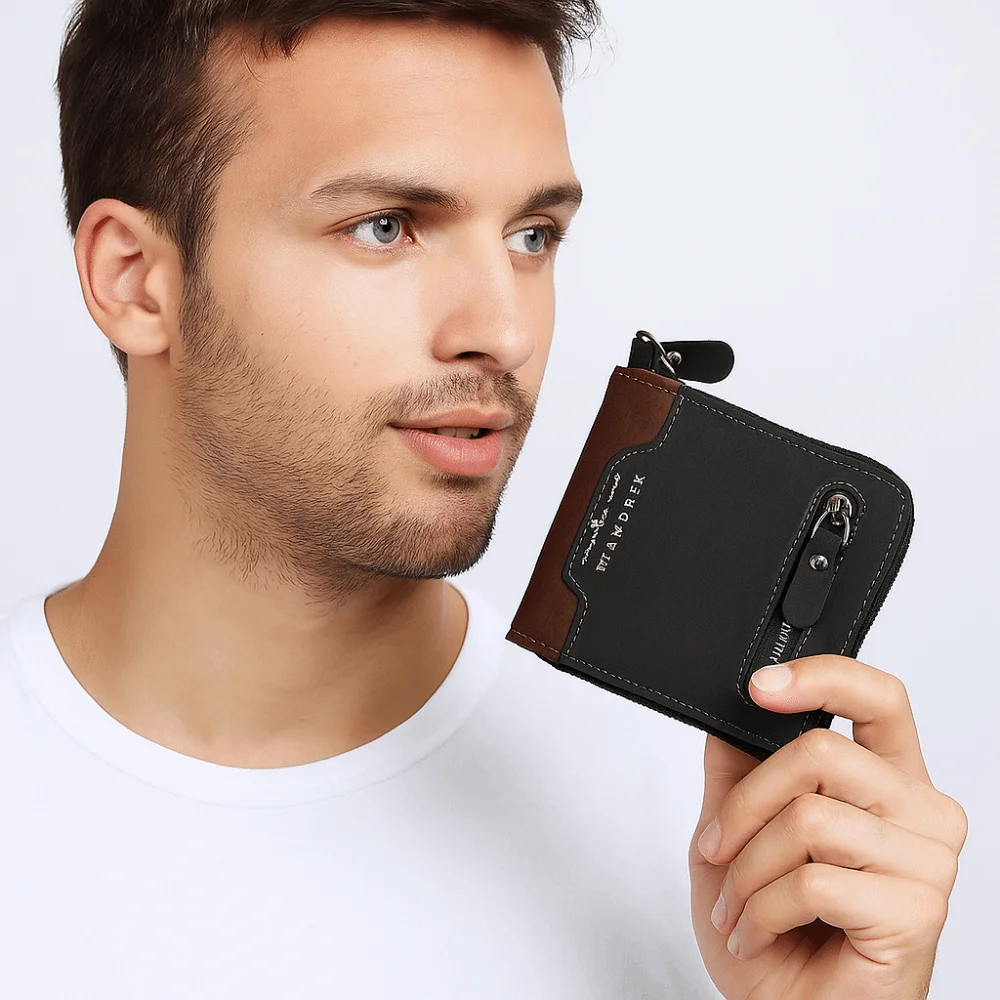 محفظة رجالية قصيرة عصرية متعددة المواضع بسعة كبيرة وسحاب من جلد البولي يوريثان محفظة للعملات المعدنية متعددة الوظائف وحامل بطاقات رفيع في الهواء الطلق #2