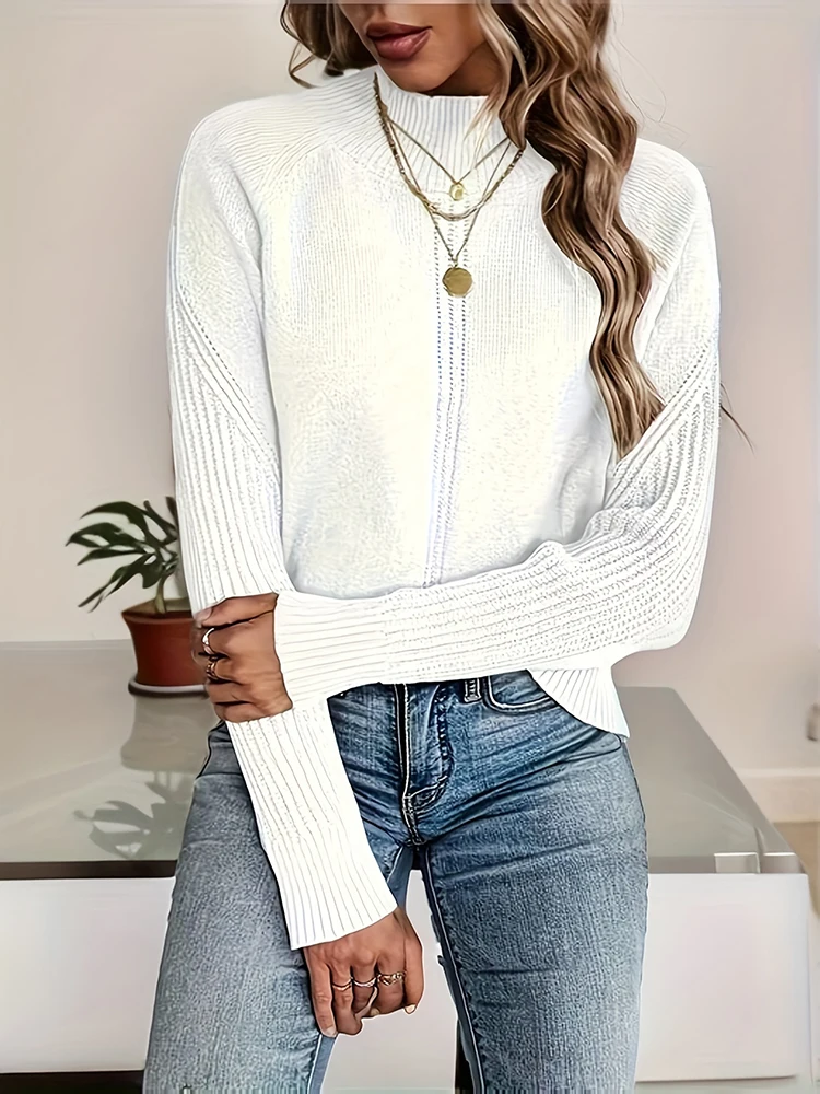 Women White Knit Pullover Half High Round Collar Solid Sweater Female Autumn Winter Warm Soft Fashion Long Sleeve Lady Knitwear