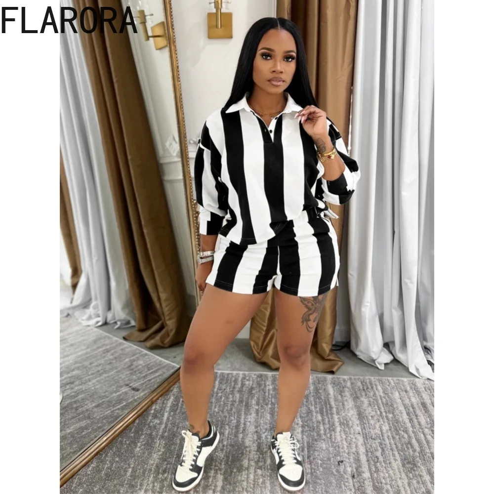 

FLARORA Fashion Striped 2 Pcs Sets Woman Polo Collar Short Sleeve Tops And High Waist Shorts Outfits Casual Street Tracksuits