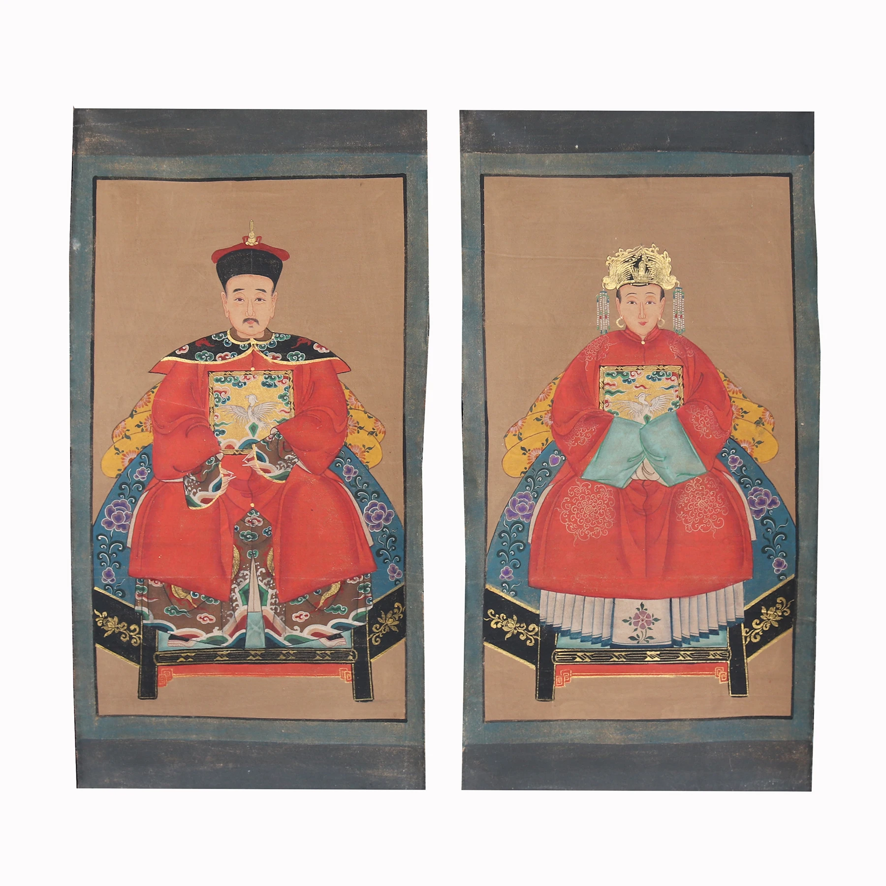 

Pair of Hand Painted Ancestor Paintings on Fabric, Wall Decoration, Qing Dynasty Portrait Painting