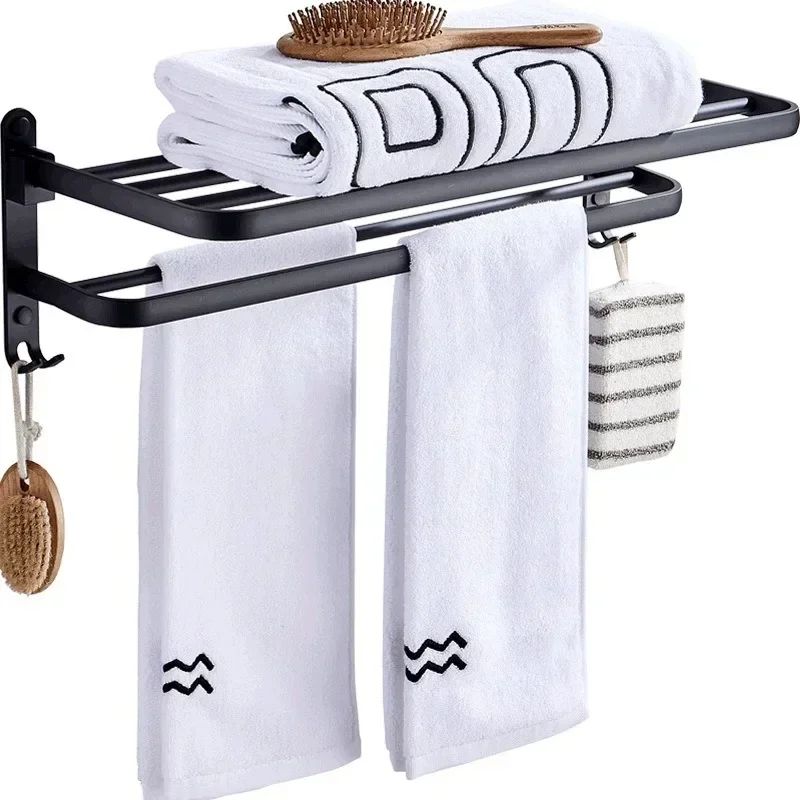 Bathroom Towel Rack Matte Black Towel Holder Aluminum Wall Mounted Folding Storage Shelf Hotel Towel Hanger Hook Accessories WF