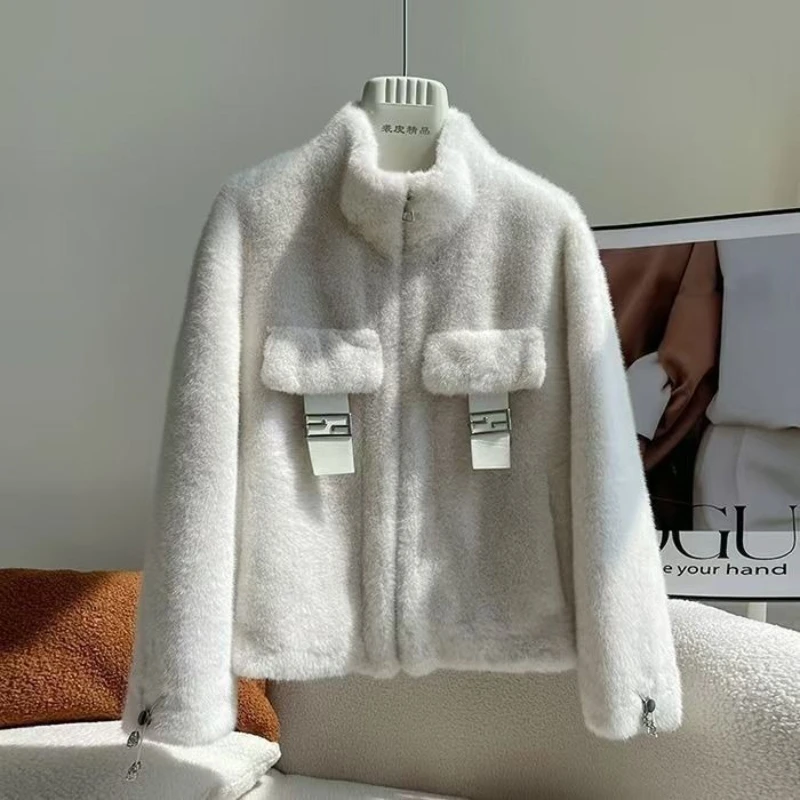 Ladies Solid Fake Fur Coat Fashion Sweet Short Thick Warm Elegant Vintage Jacket s Women V-collar Open Stitch