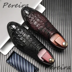 Men Genuine Leather Crocodile Oxfords Classic Business Dress Shoes Pointed Toe Shallow Lace Up Party Wedding Formal Loafers